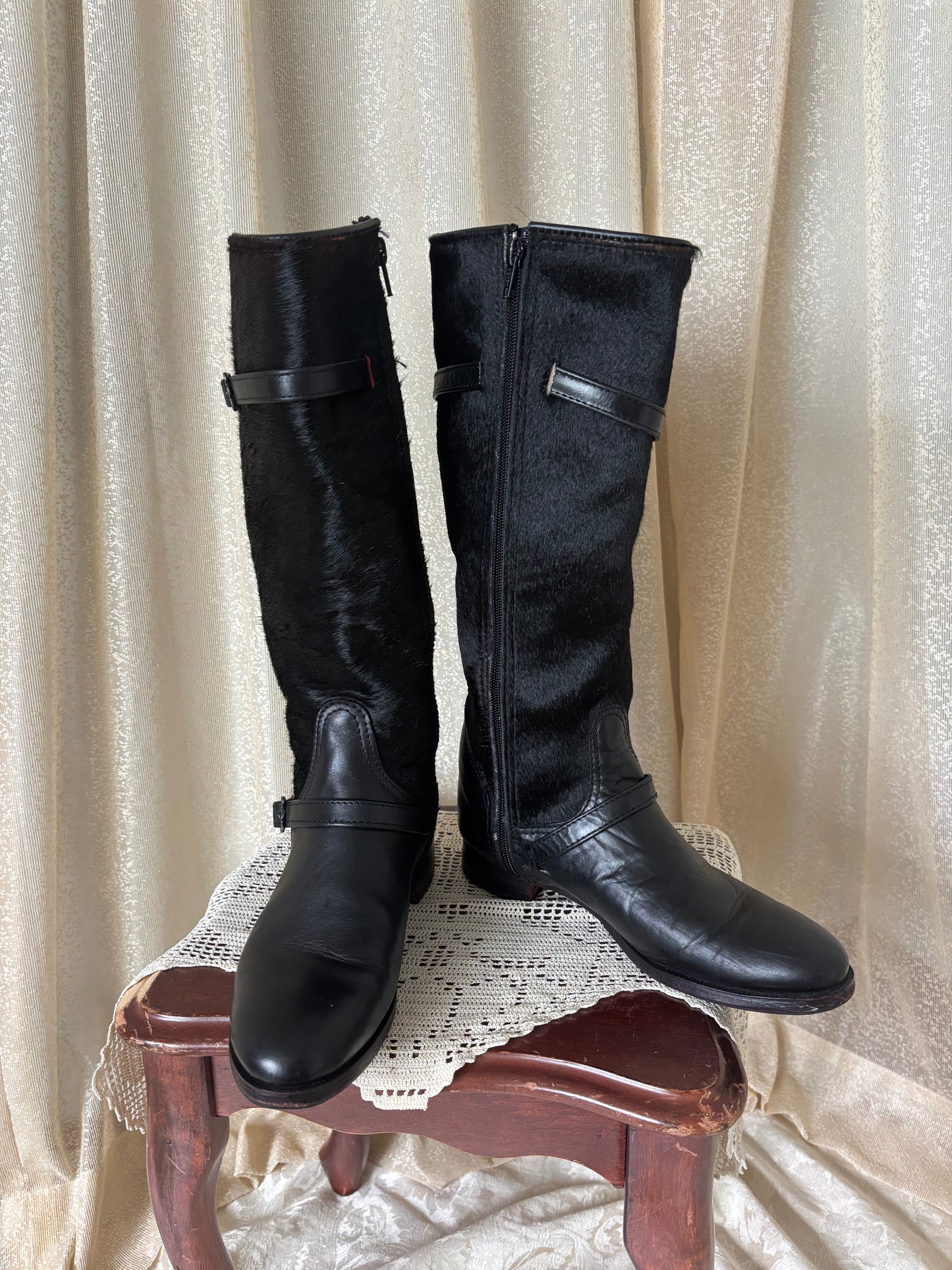 Calf hair and leather belt buckle riding boots