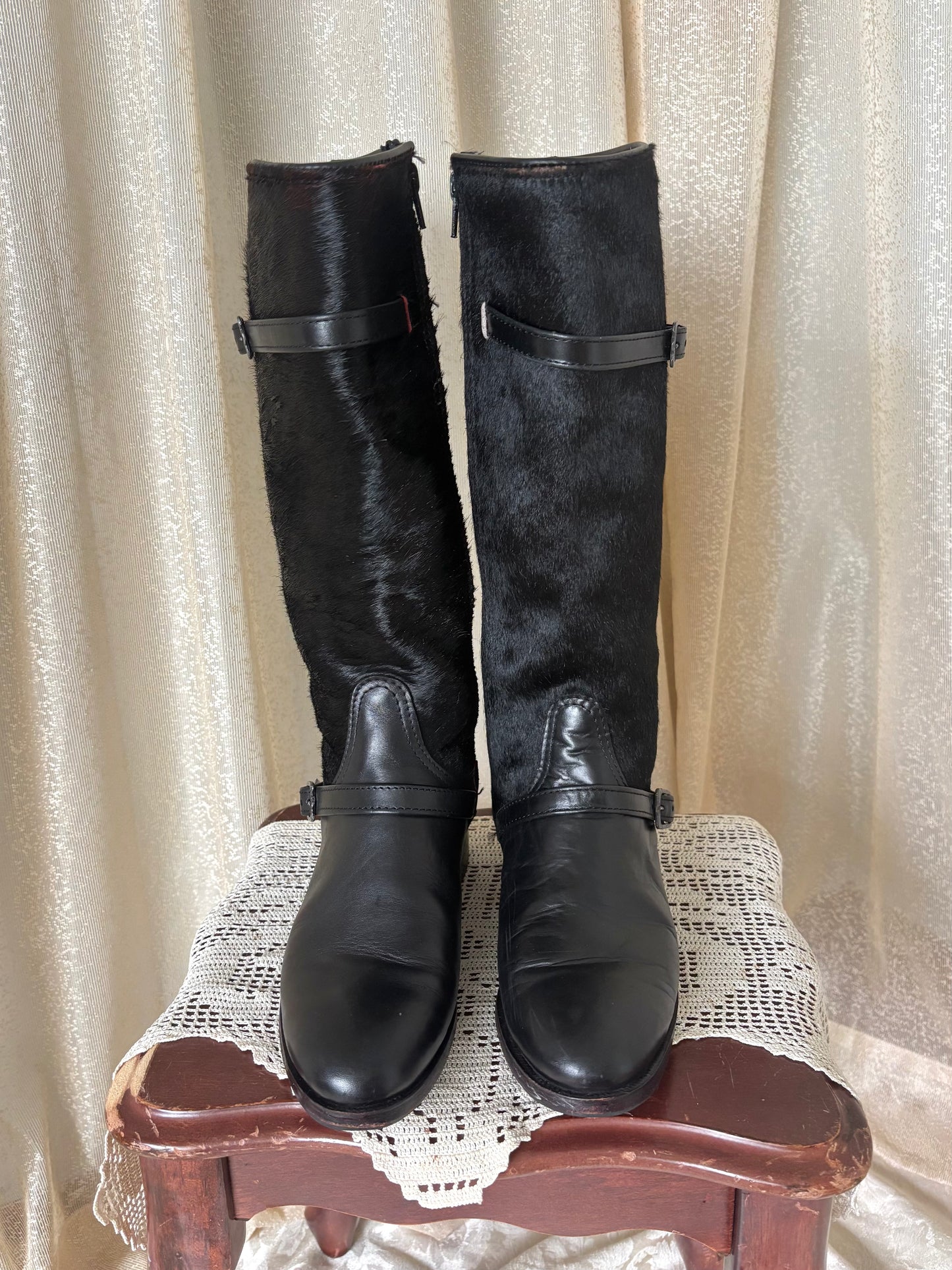 Calf hair and leather belt buckle riding boots
