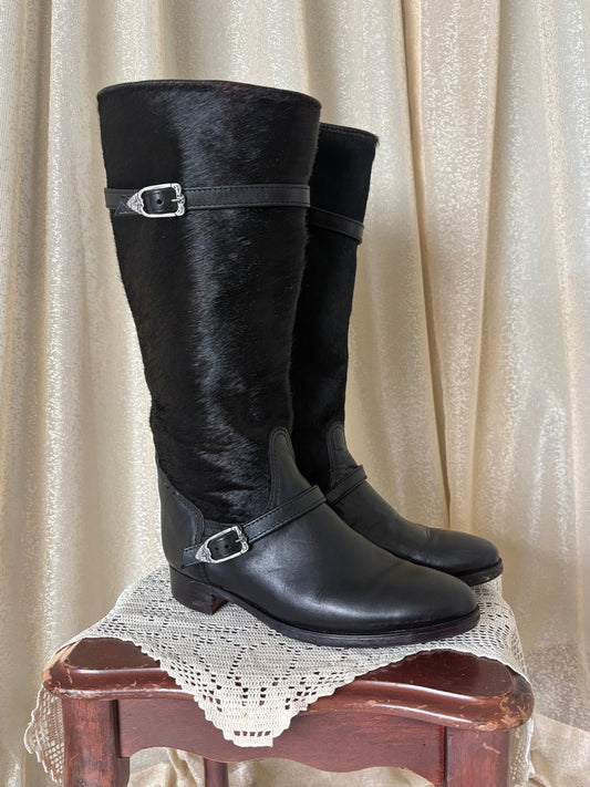 Calf hair and leather belt buckle riding boots