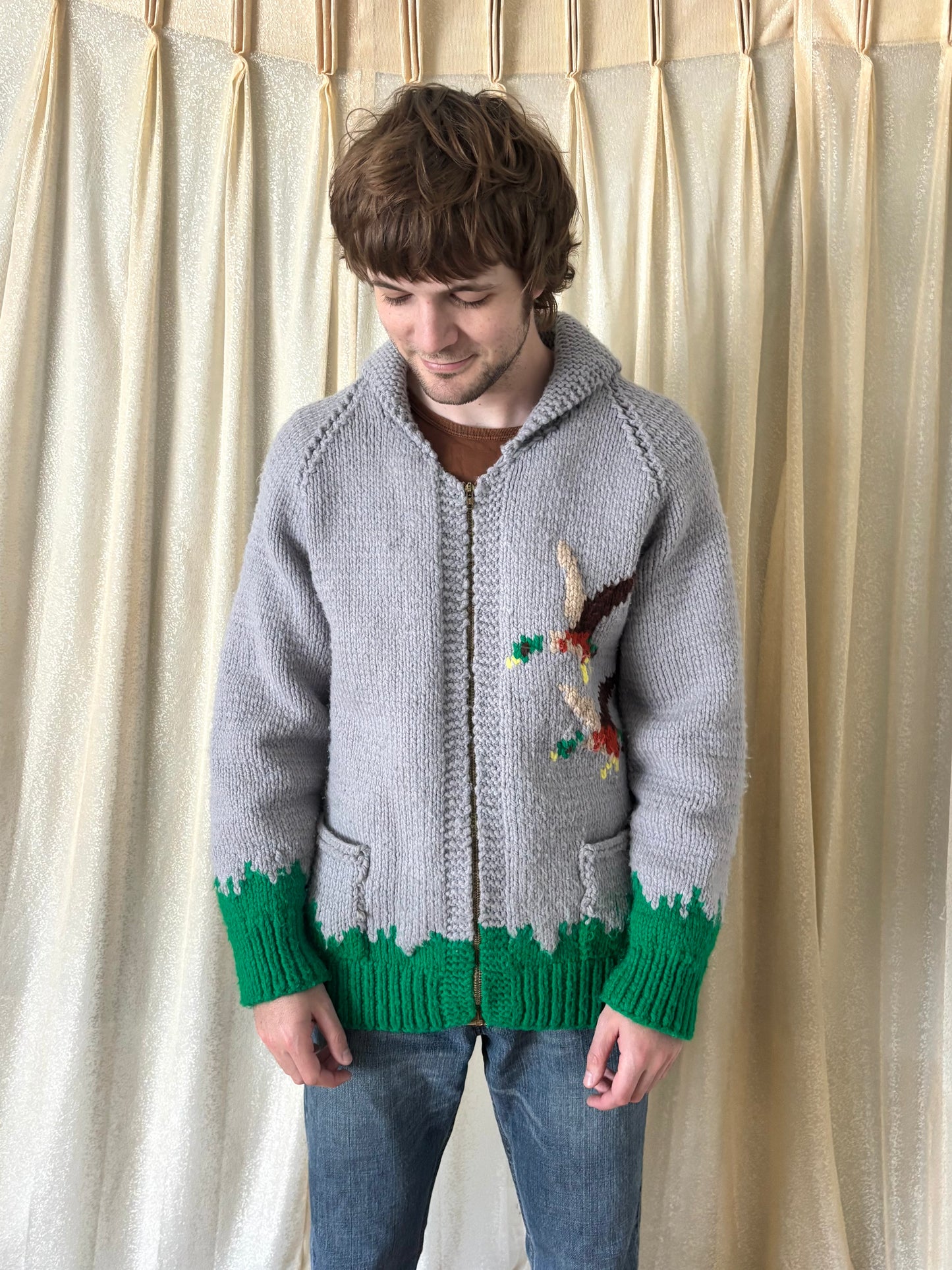 Vintage hand knit Cowichan-style duck sweater
