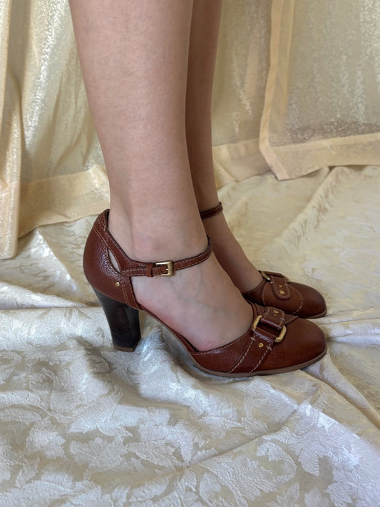Franco Sarto brown buckle pumps