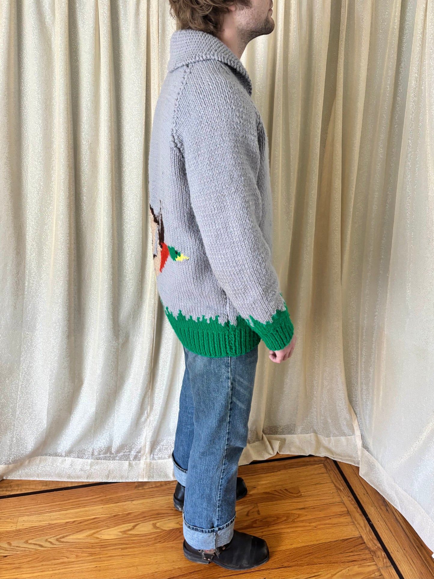 Vintage hand knit Cowichan-style duck sweater
