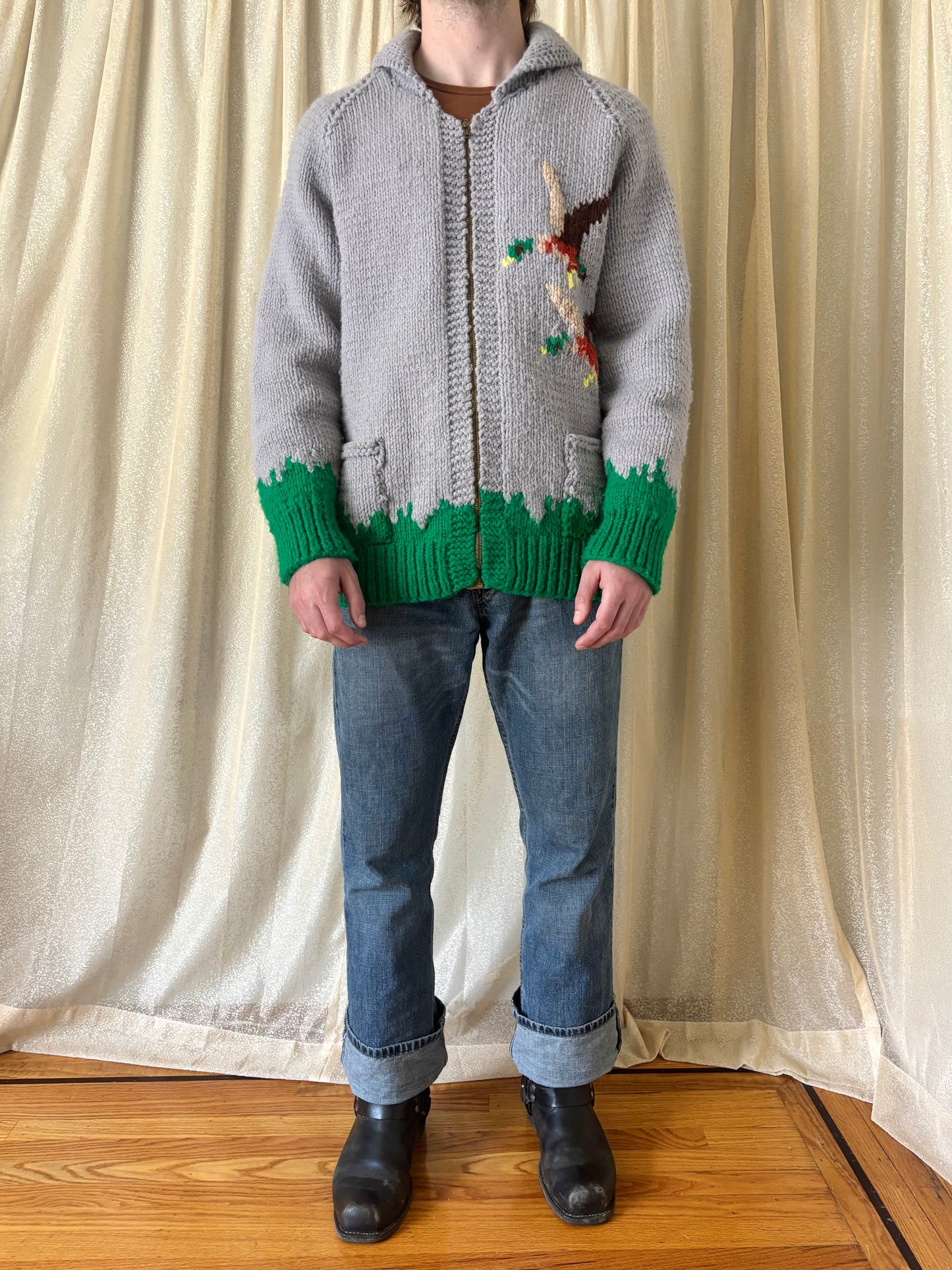 Vintage hand knit Cowichan-style duck sweater