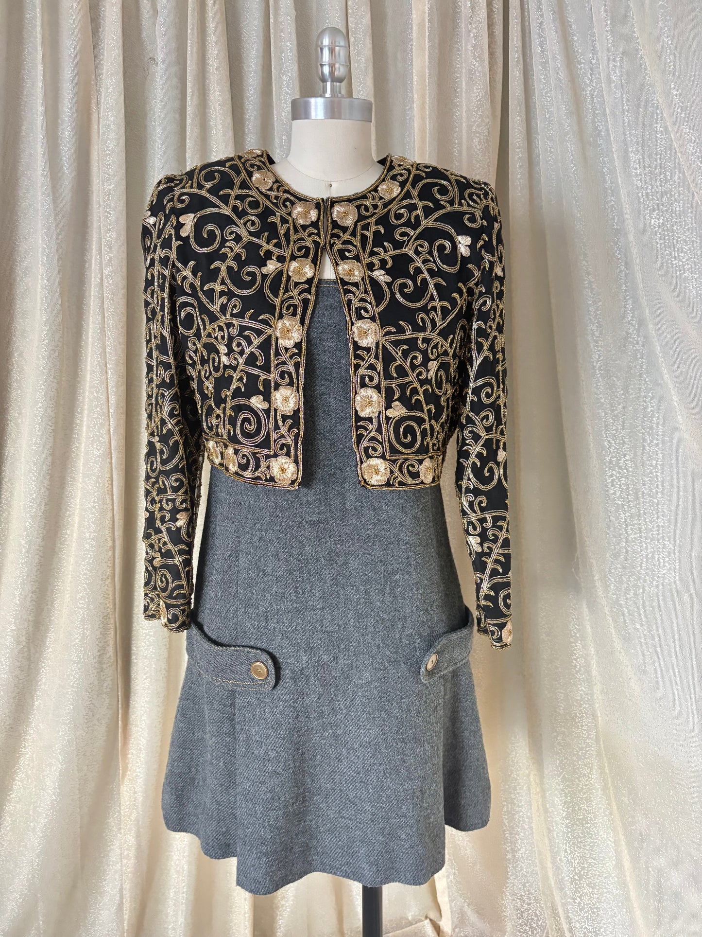 Vintage grey wool pleated mini dress