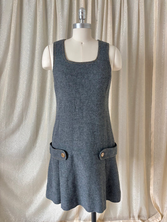 Vintage grey wool pleated mini dress