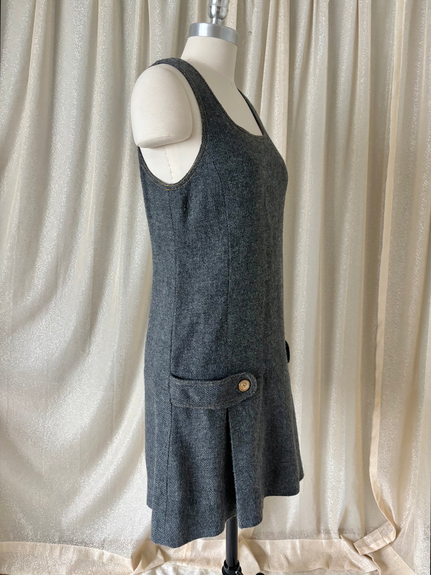 Vintage grey wool pleated mini dress
