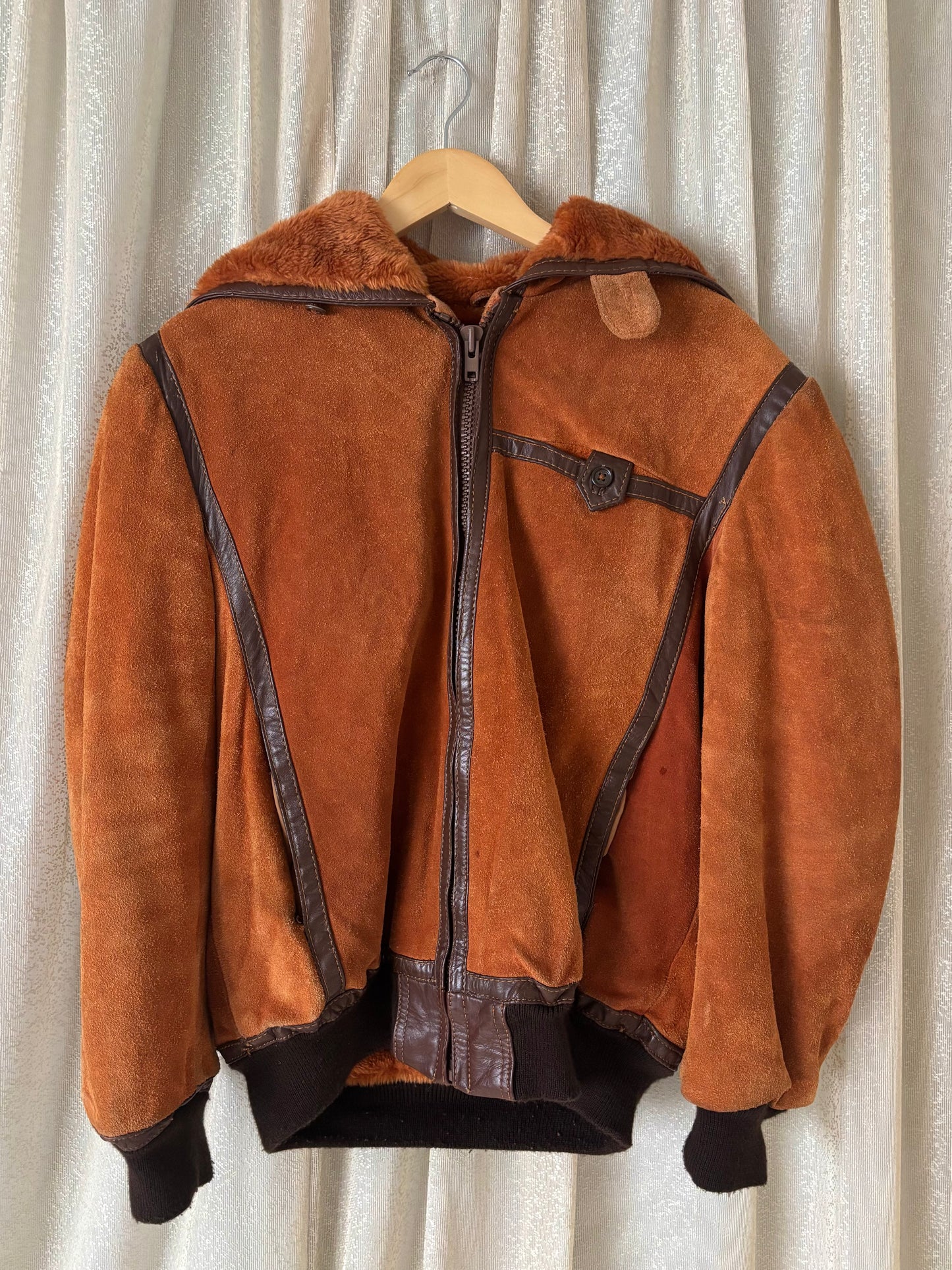 70s orange suede zip hooded bomber jacket