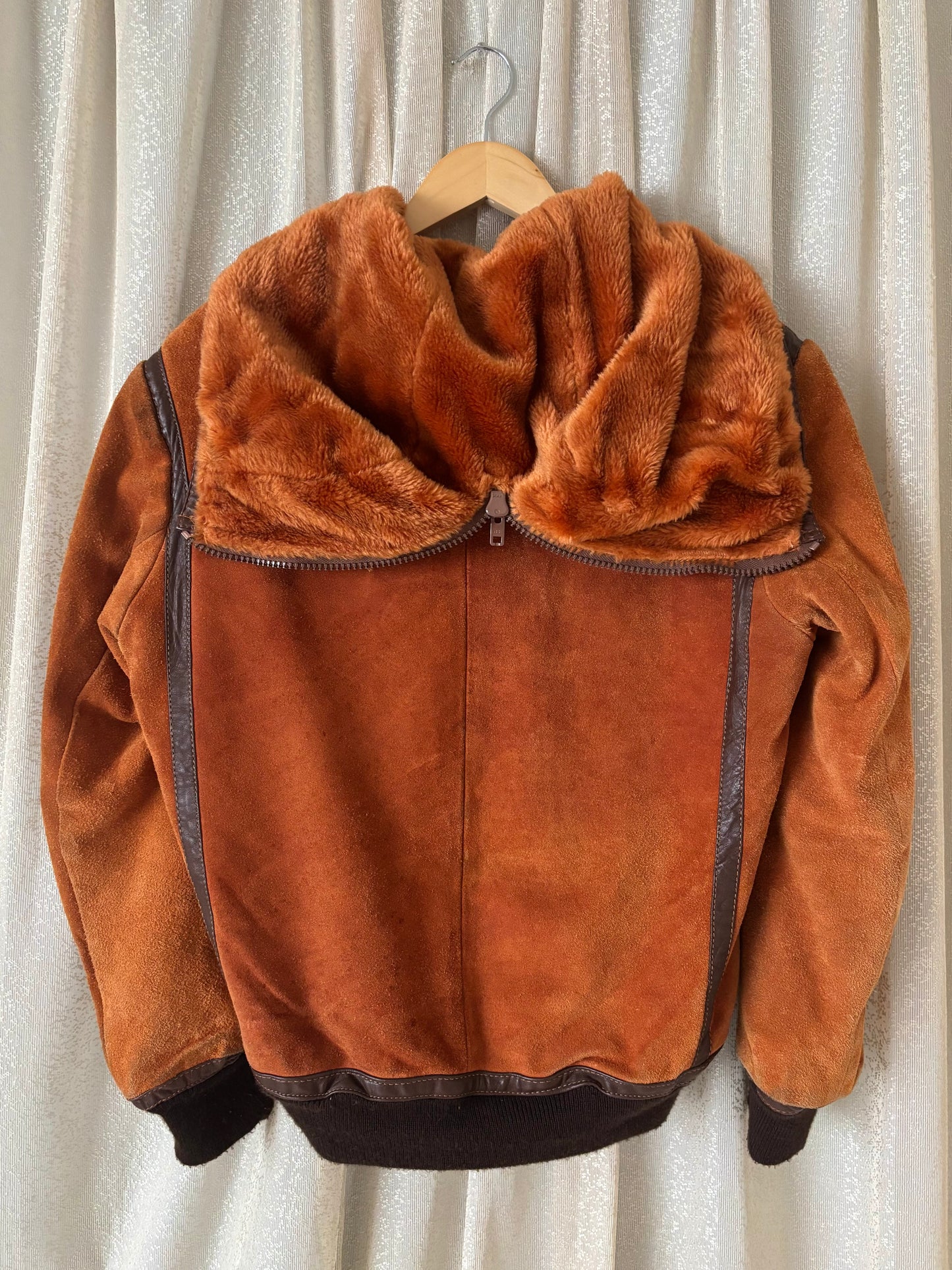 70s orange suede zip hooded bomber jacket