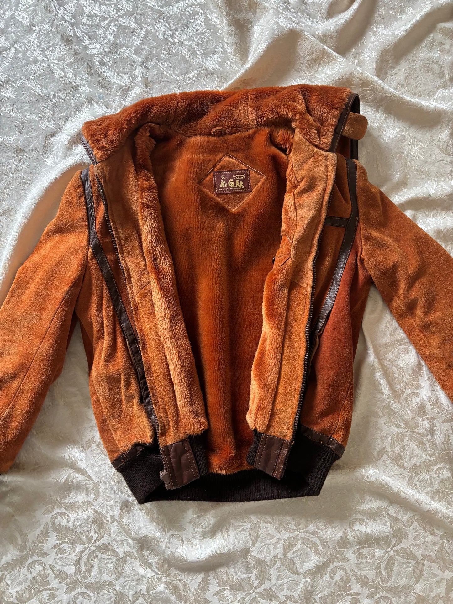 70s orange suede zip hooded bomber jacket