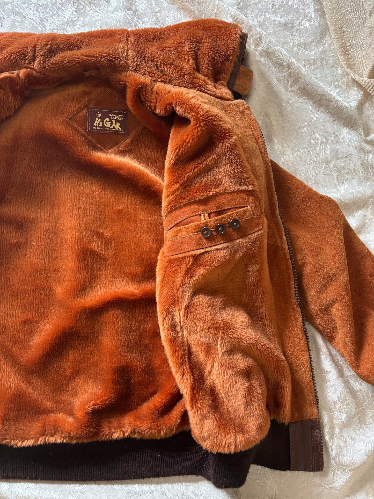 70s orange suede zip hooded bomber jacket