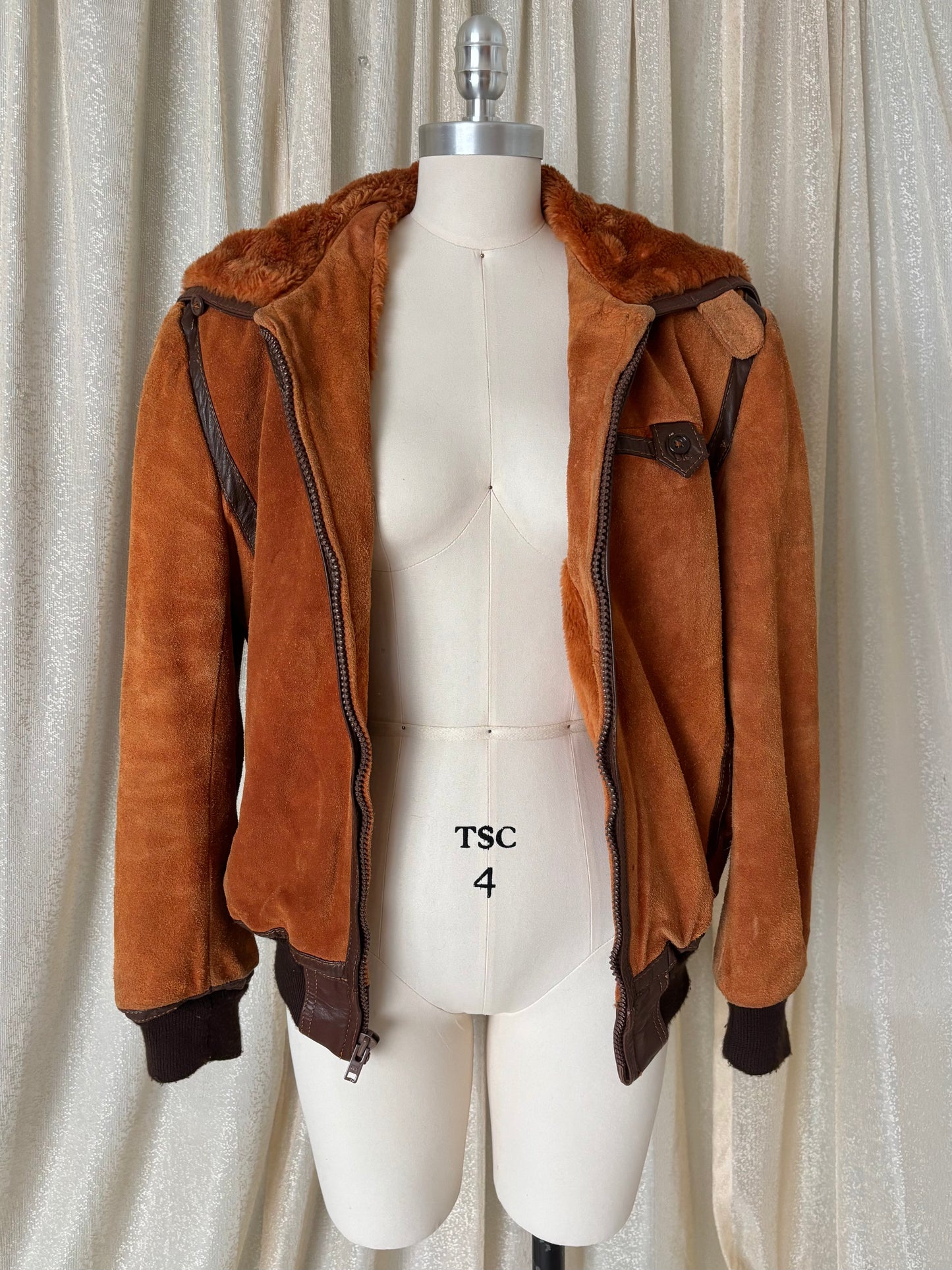 70s orange suede zip hooded bomber jacket