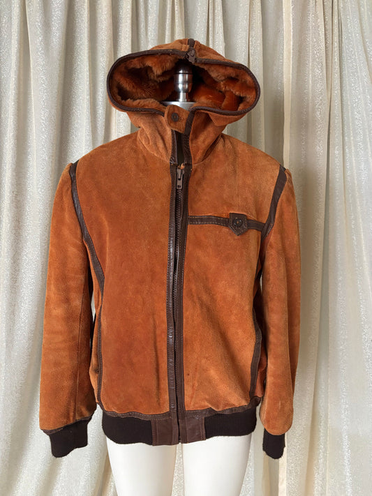 70s orange suede zip hooded bomber jacket