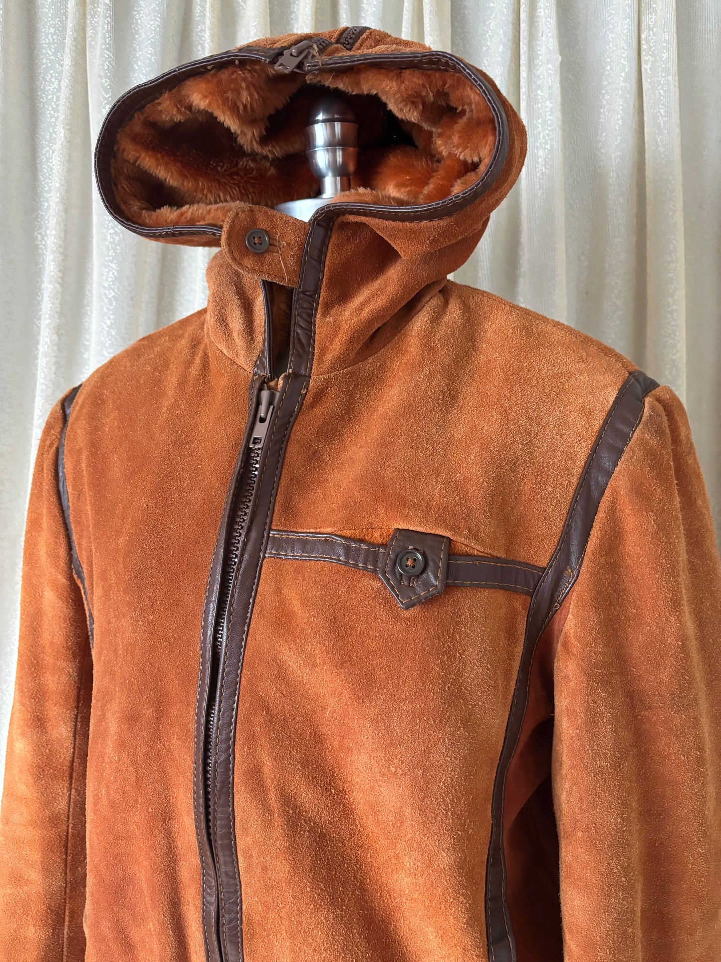 70s orange suede zip hooded bomber jacket