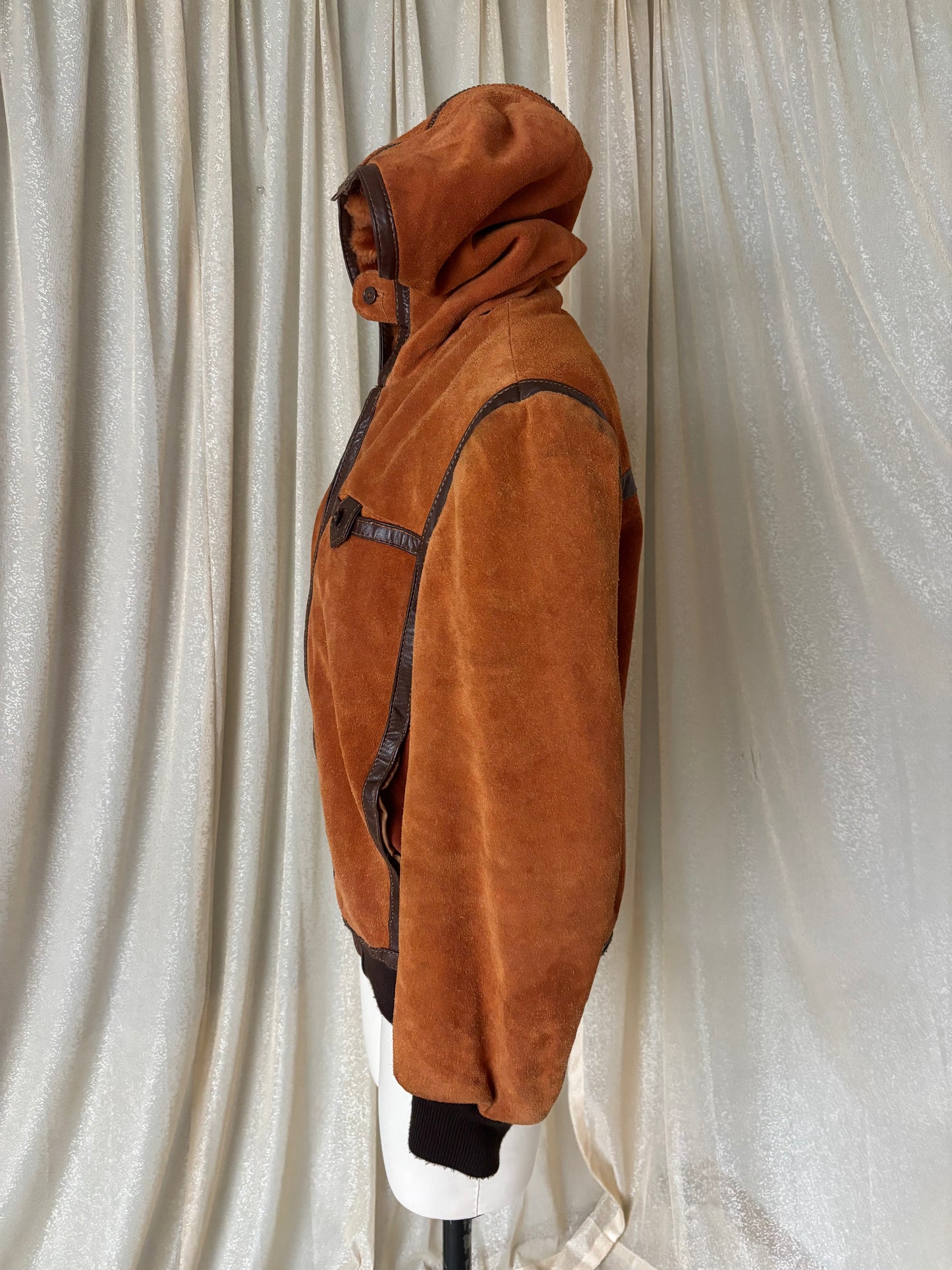 70s orange suede zip hooded bomber jacket