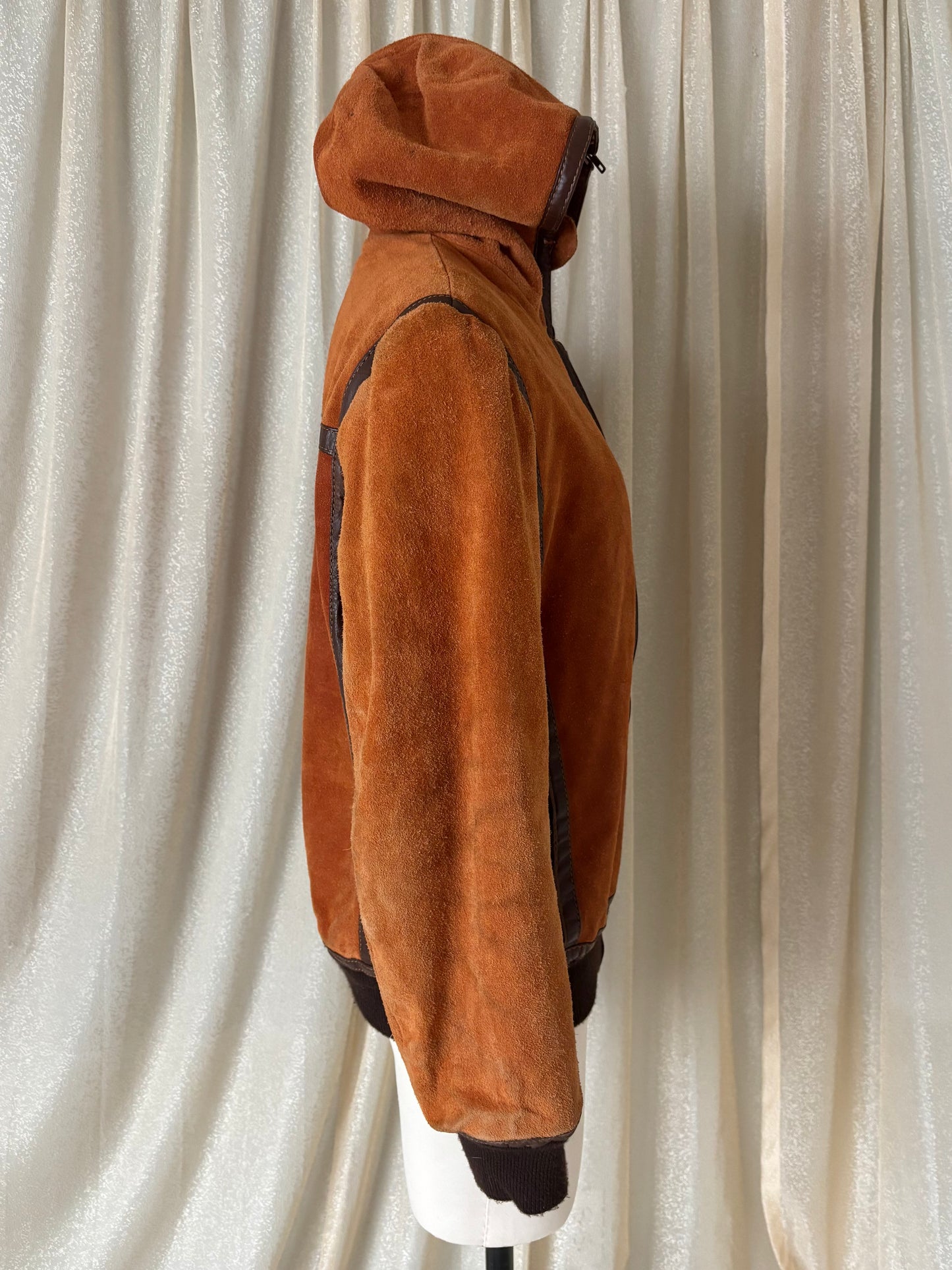 70s orange suede zip hooded bomber jacket