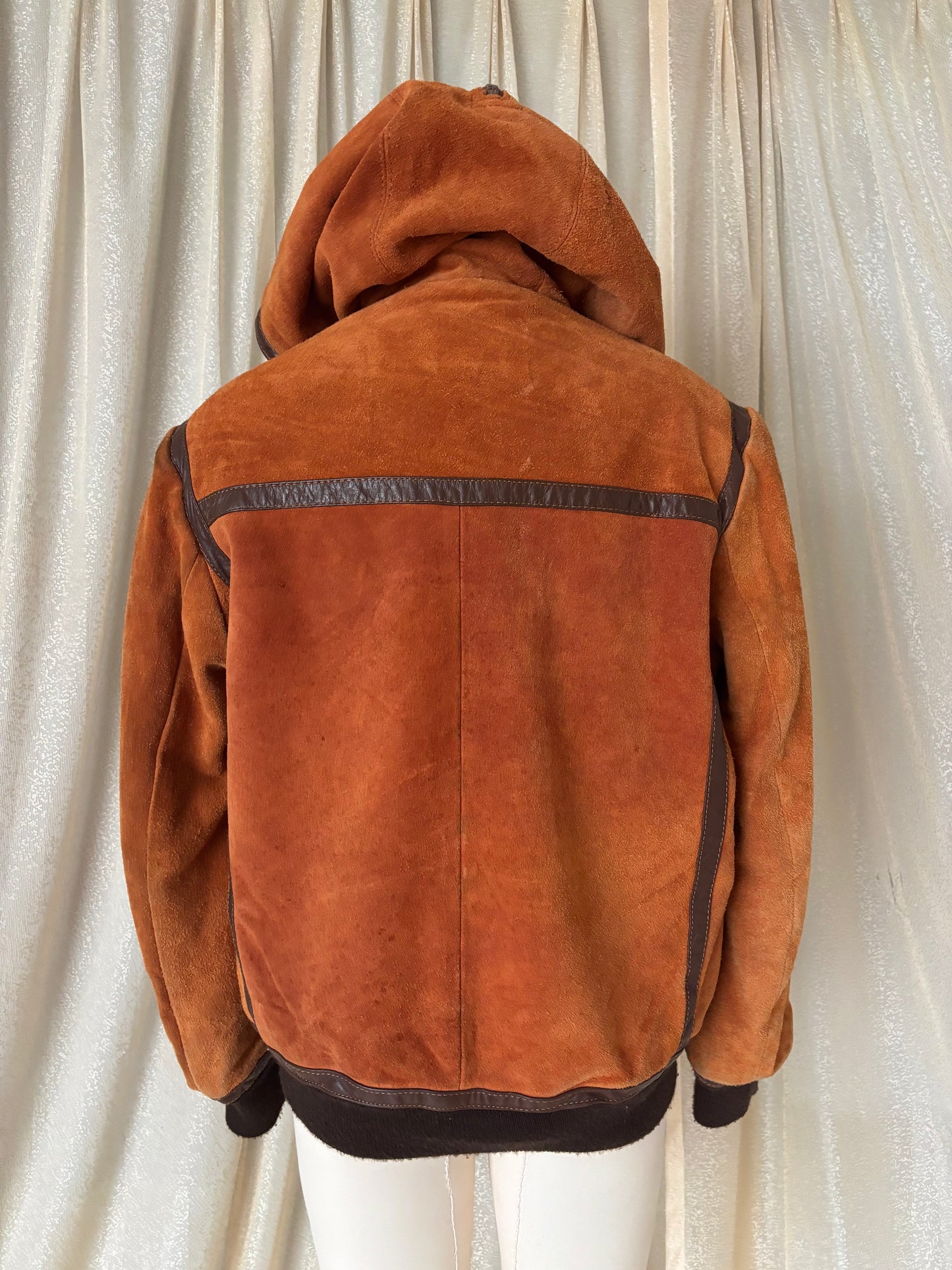 70s orange suede zip hooded bomber jacket