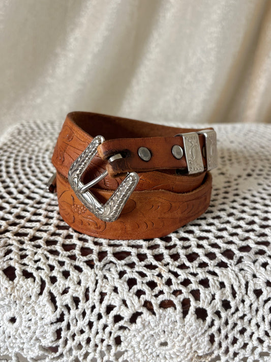 Vintage tooled leather thin Western belt