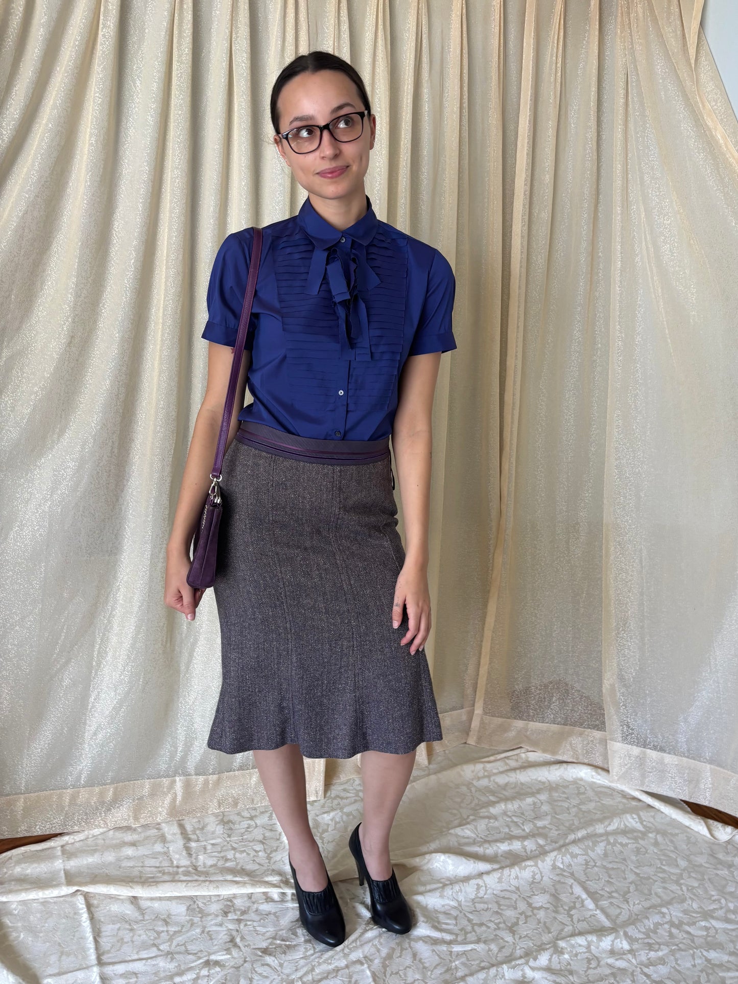 Indigo pleated blouse