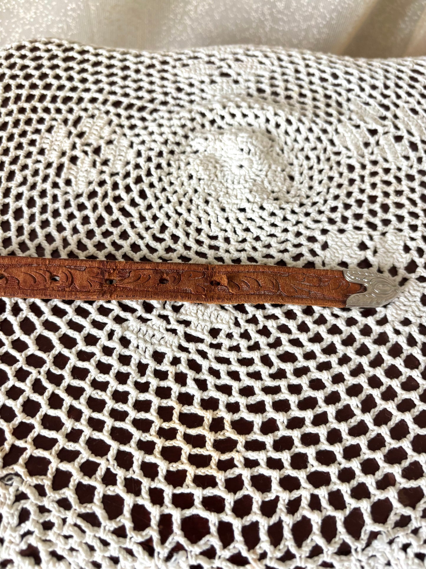 Vintage tooled leather thin Western belt
