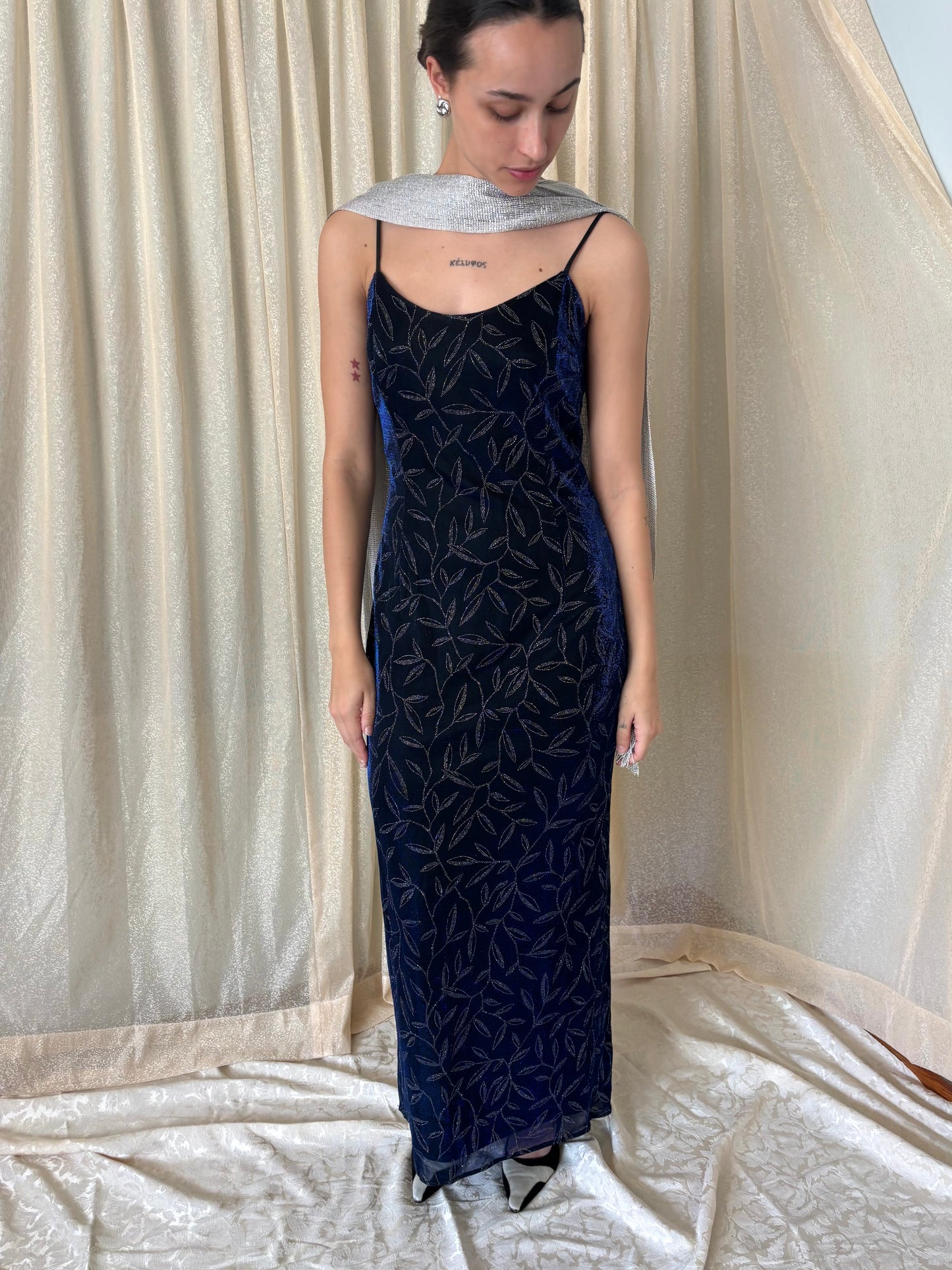 90s Jessica McClintock Gunne Sax blue shimmer maxi dress