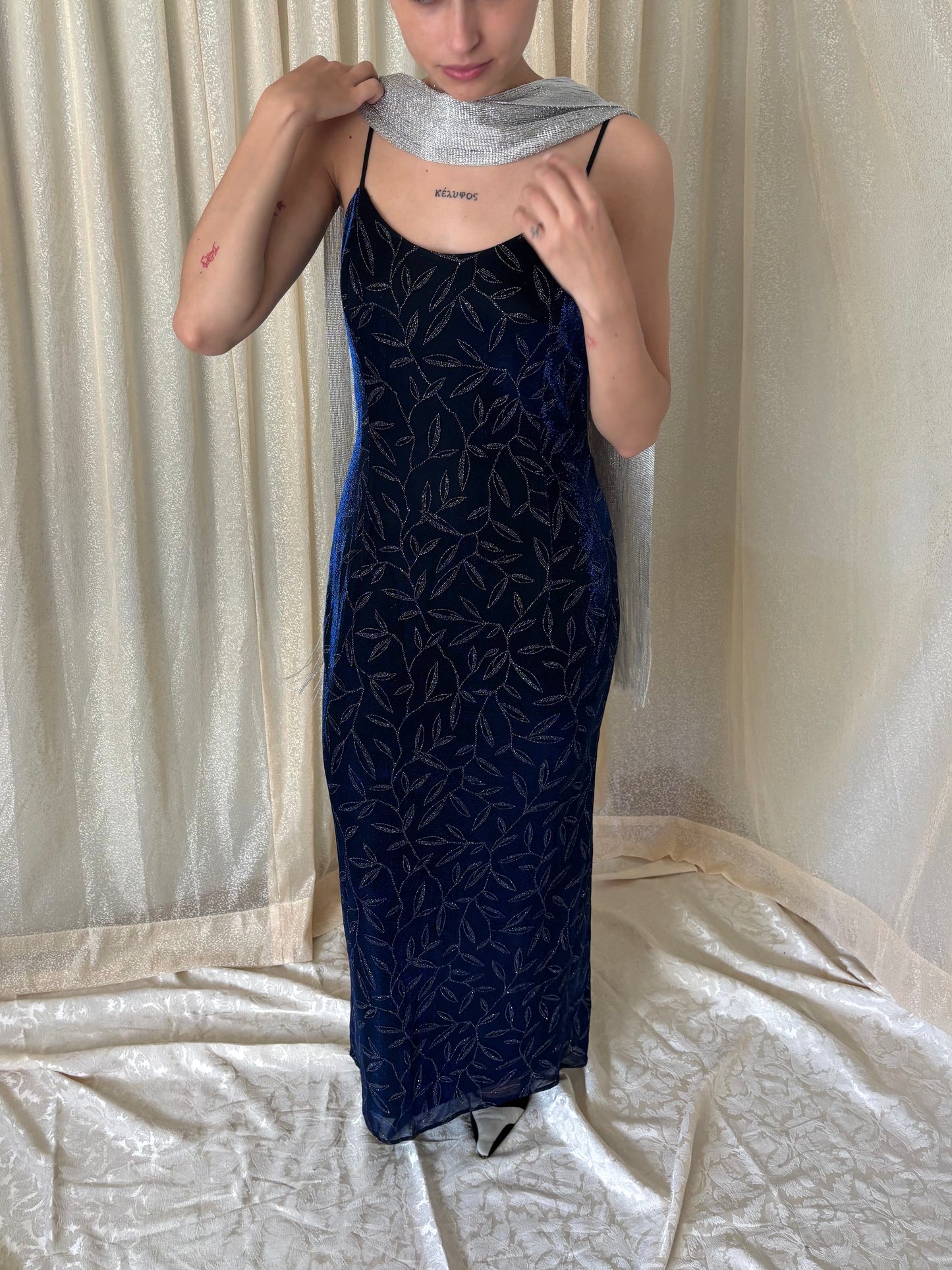 90s Jessica McClintock Gunne Sax blue shimmer maxi dress