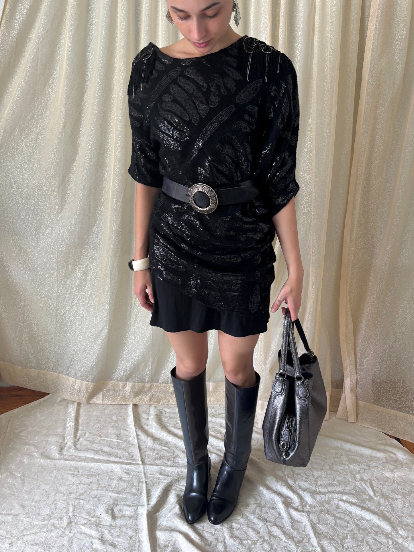 Fringe sequin sweater poncho