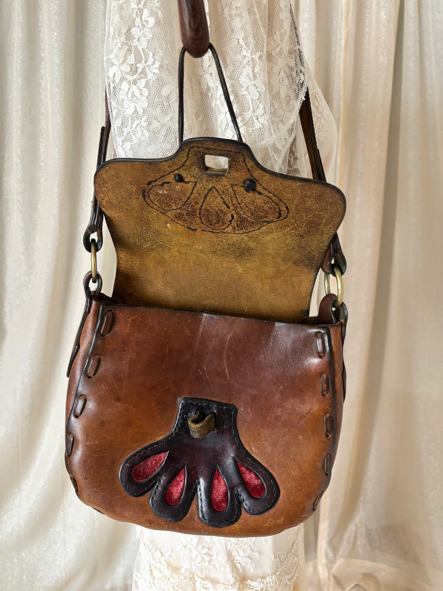 70s leather satchel with velvet cutouts