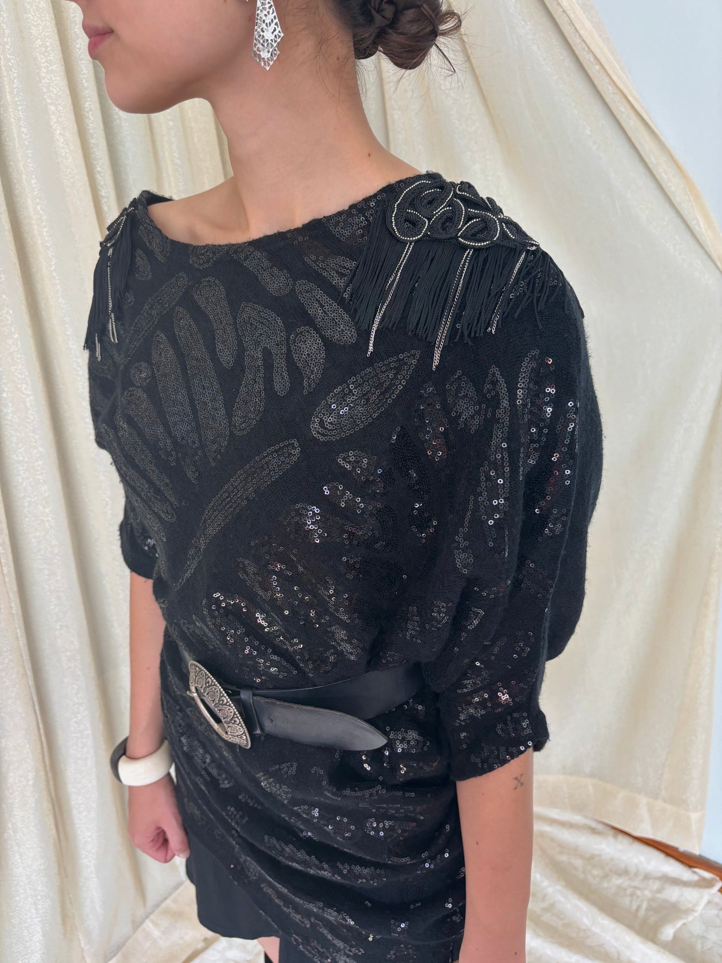 Fringe sequin sweater poncho