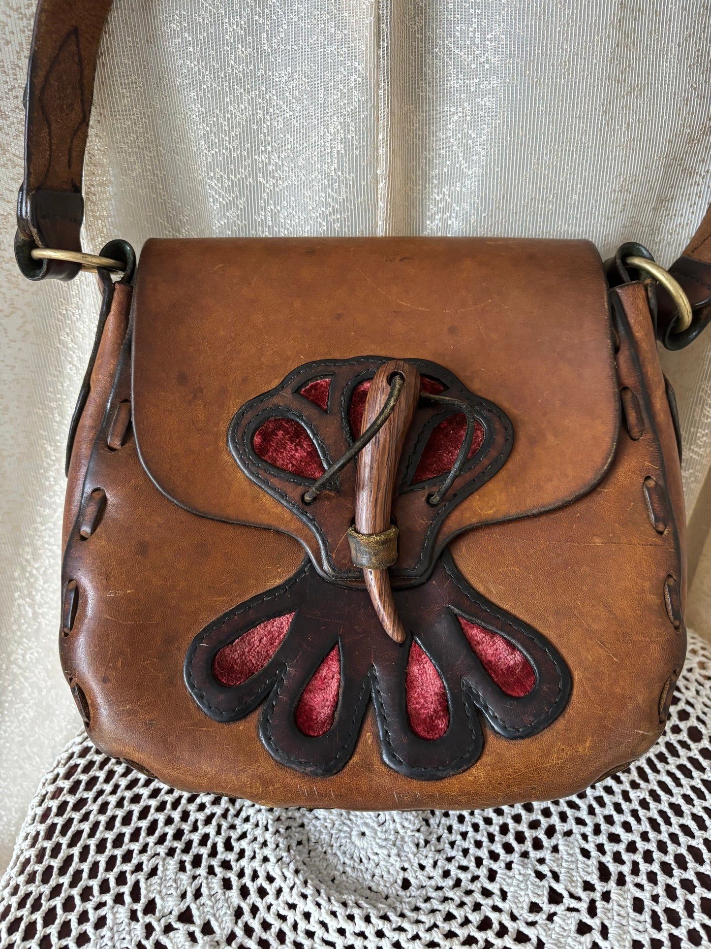 70s leather satchel with velvet cutouts