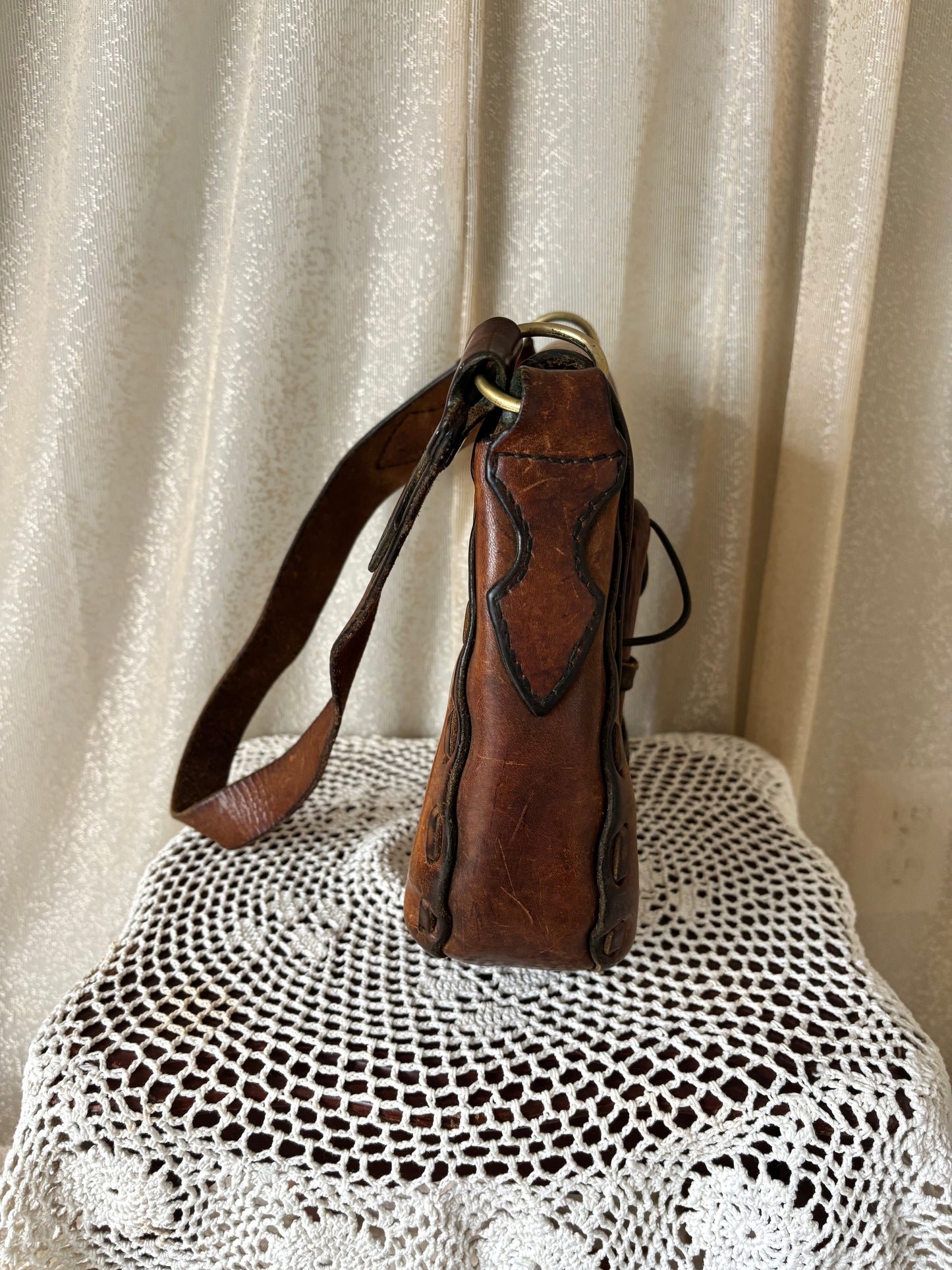 70s leather satchel with velvet cutouts