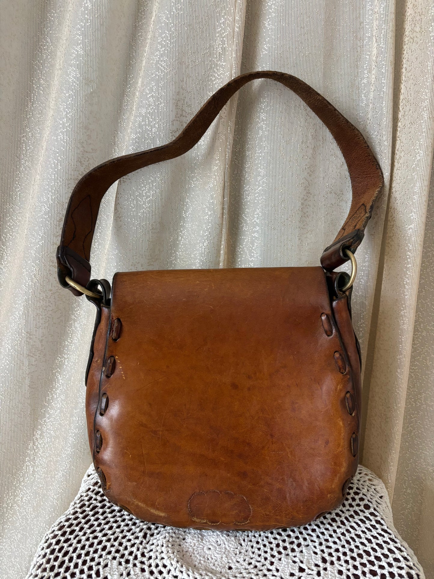 70s leather satchel with velvet cutouts