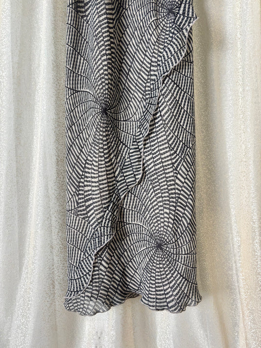 Silk abstract print ruffle maxi dress