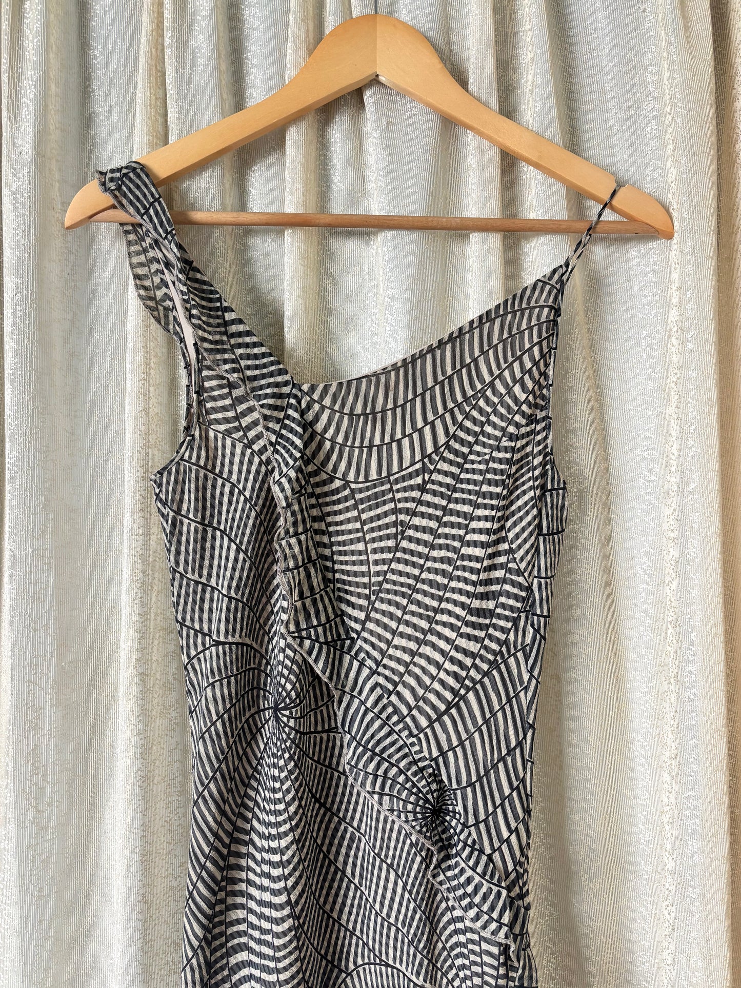 Silk abstract print ruffle maxi dress