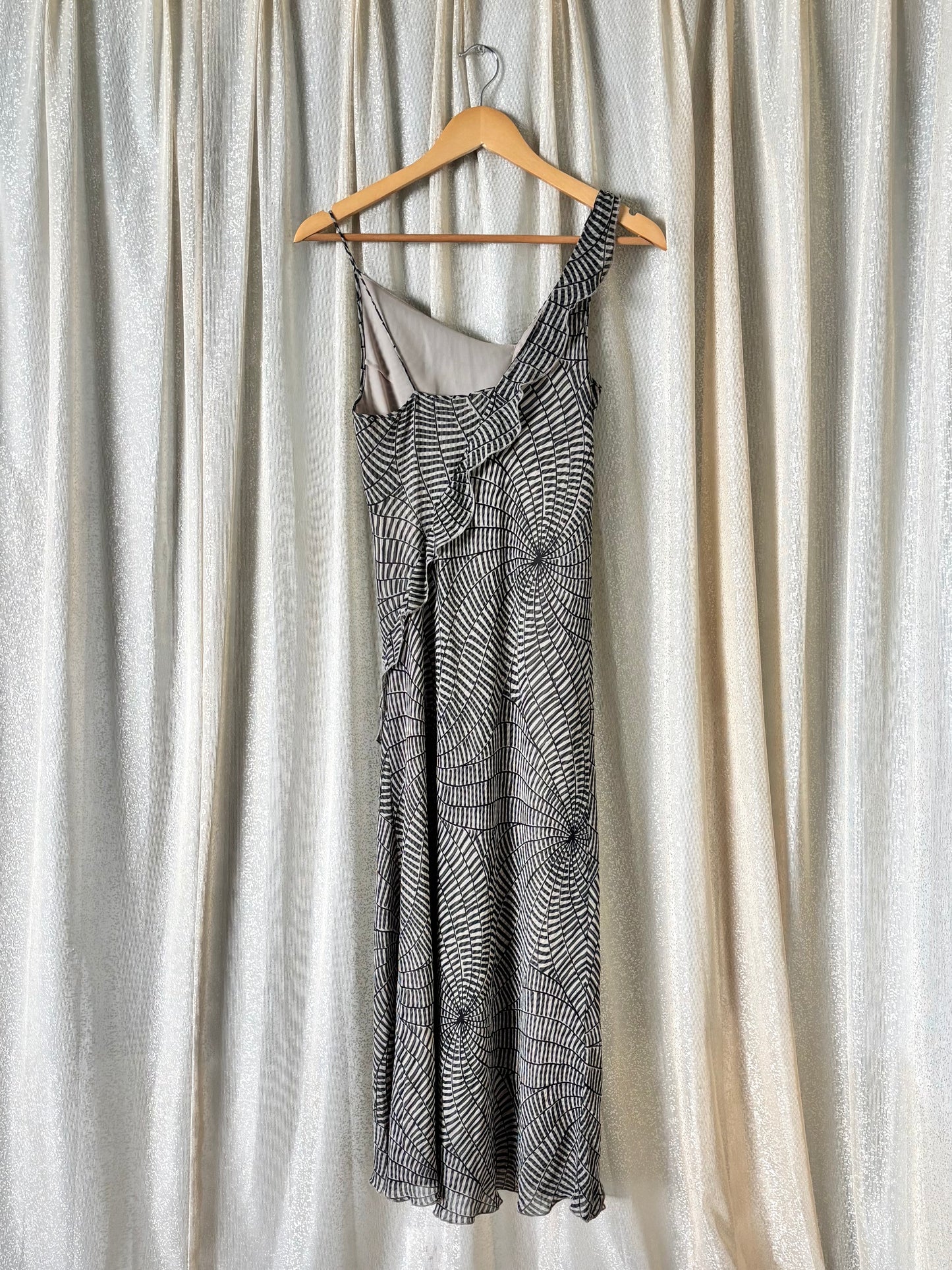 Silk abstract print ruffle maxi dress