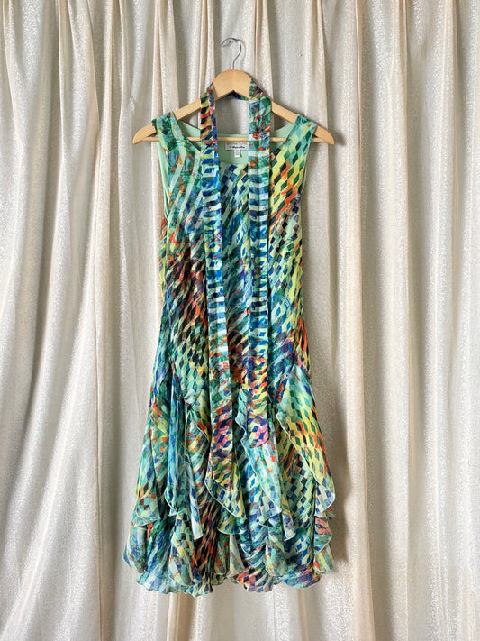 Abstract harlequin tiered hem midi dress
