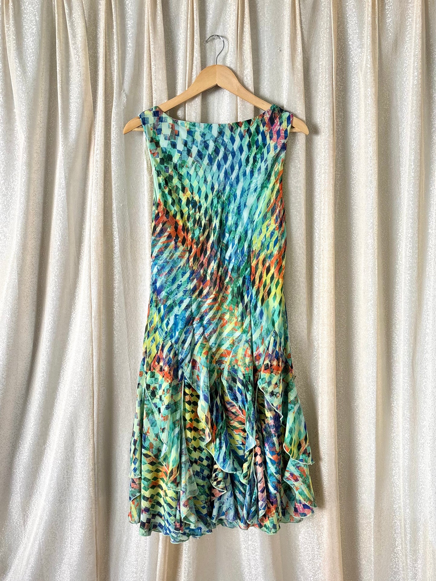 Abstract harlequin tiered hem midi dress