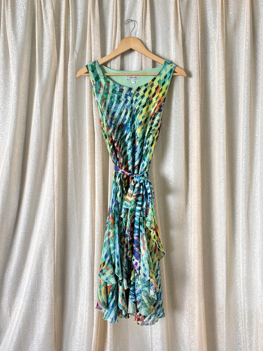 Abstract harlequin tiered hem midi dress