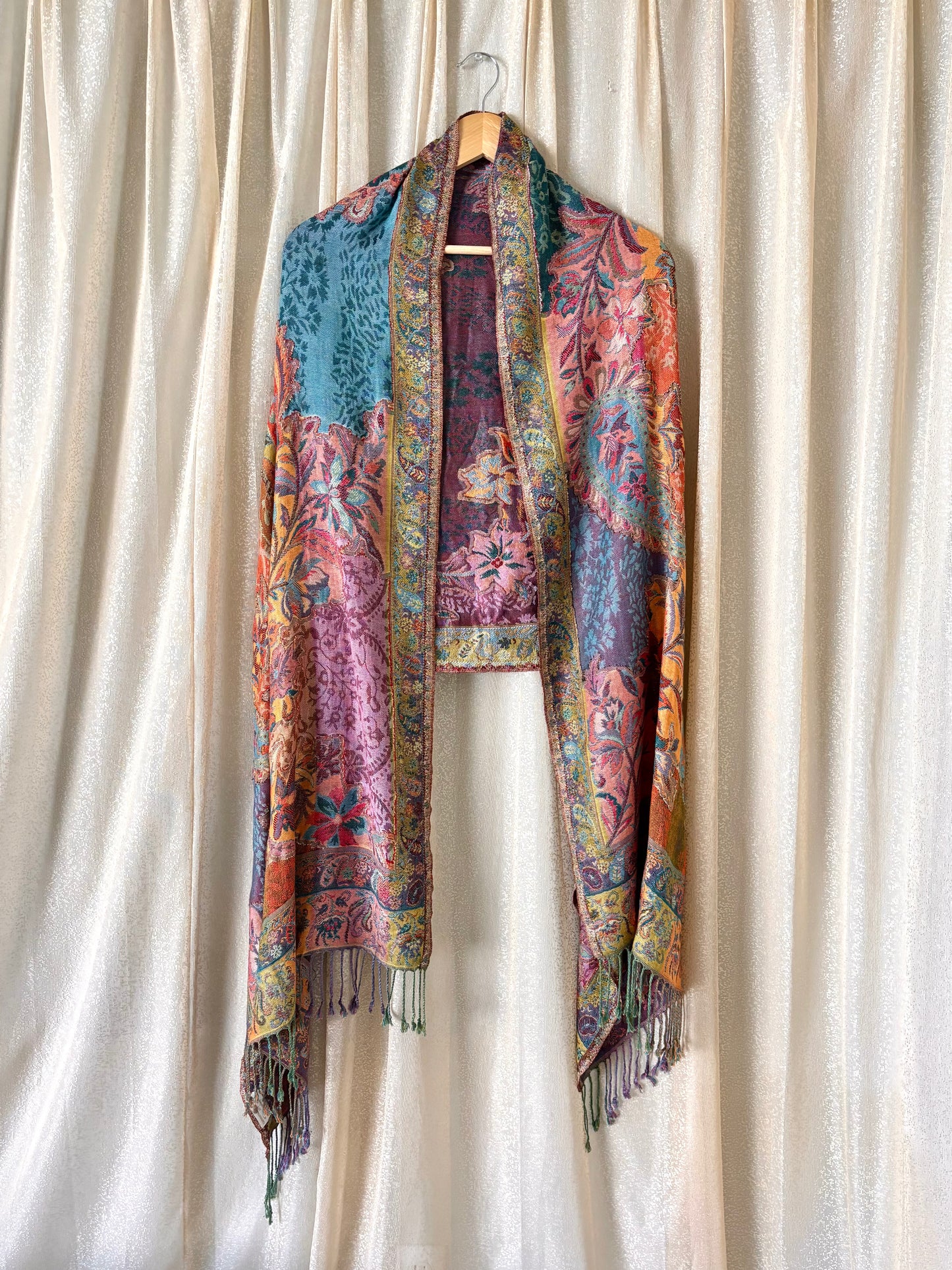 Cashmere and silk blend colorful fringe shawl