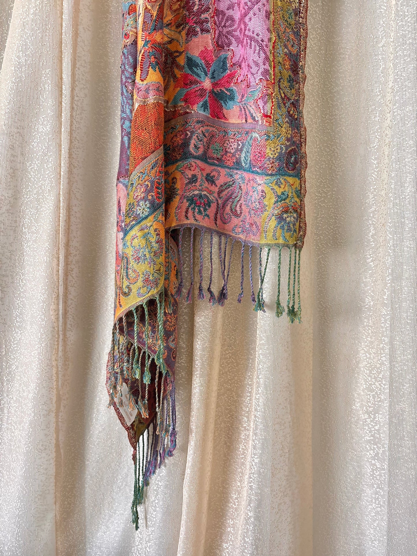 Cashmere and silk blend colorful fringe shawl