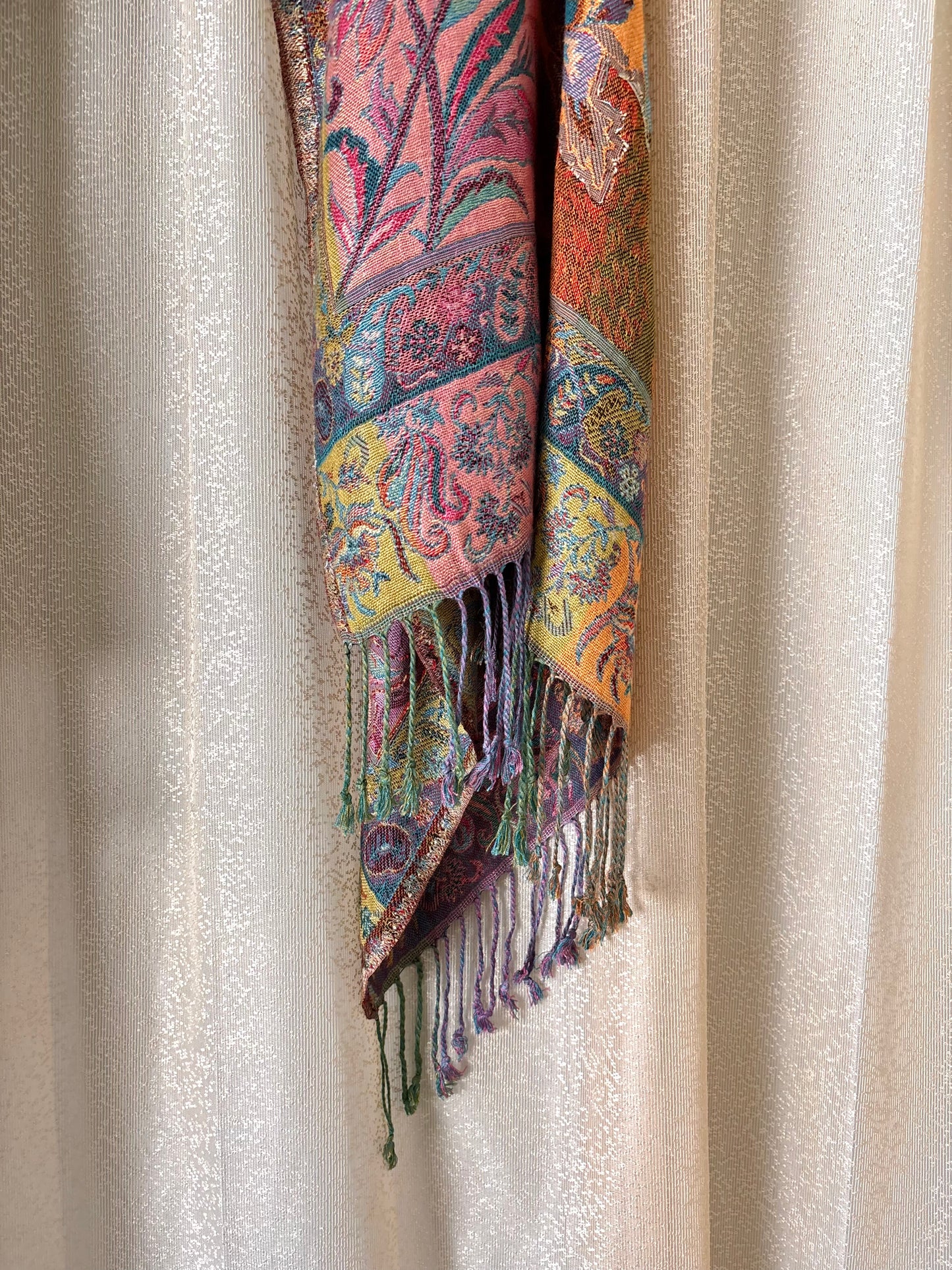 Cashmere and silk blend colorful fringe shawl
