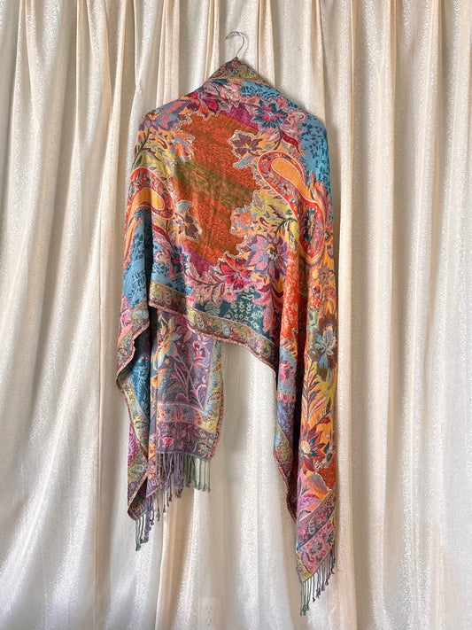 Cashmere and silk blend colorful fringe shawl