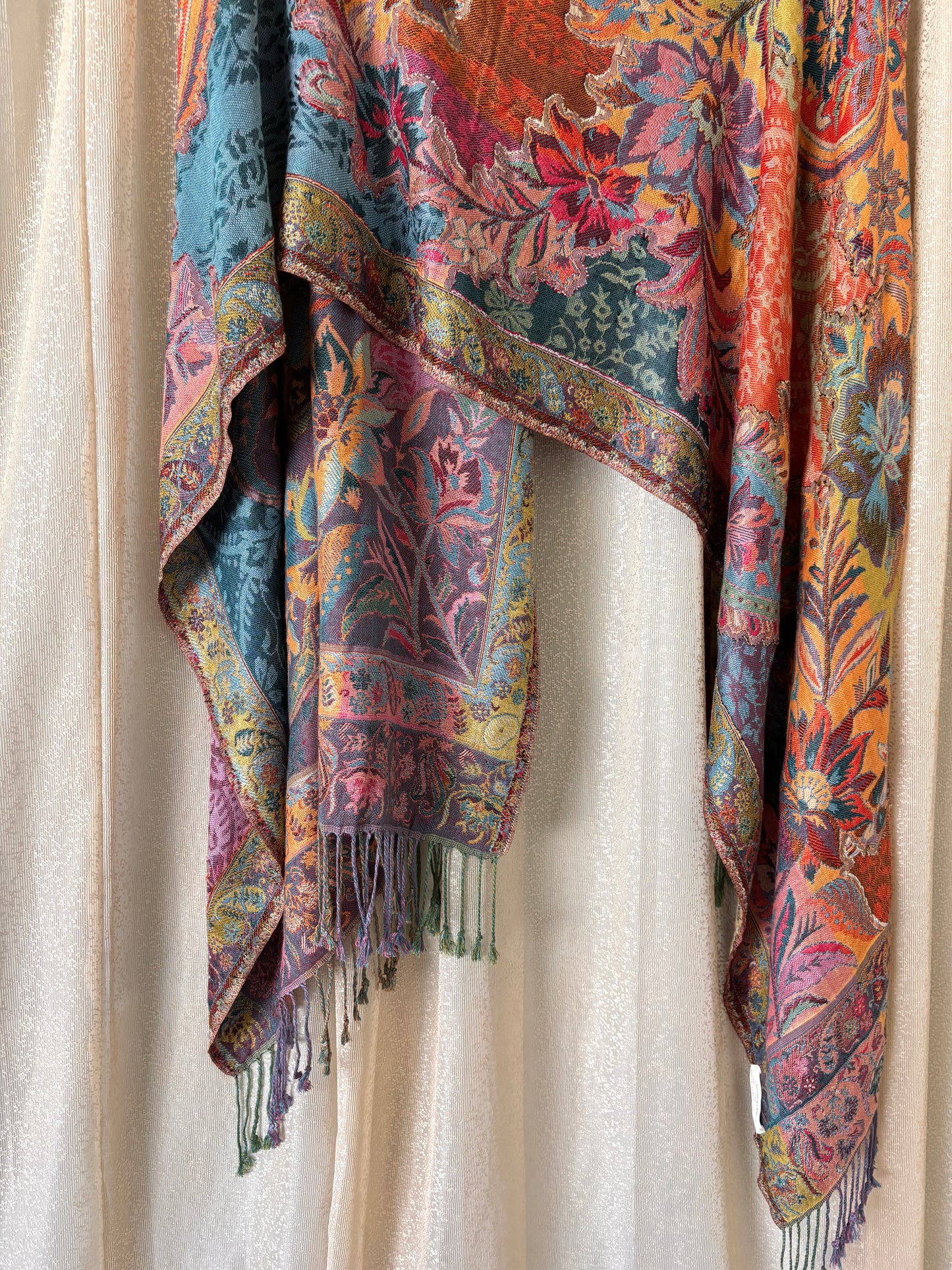 Cashmere and silk blend colorful fringe shawl