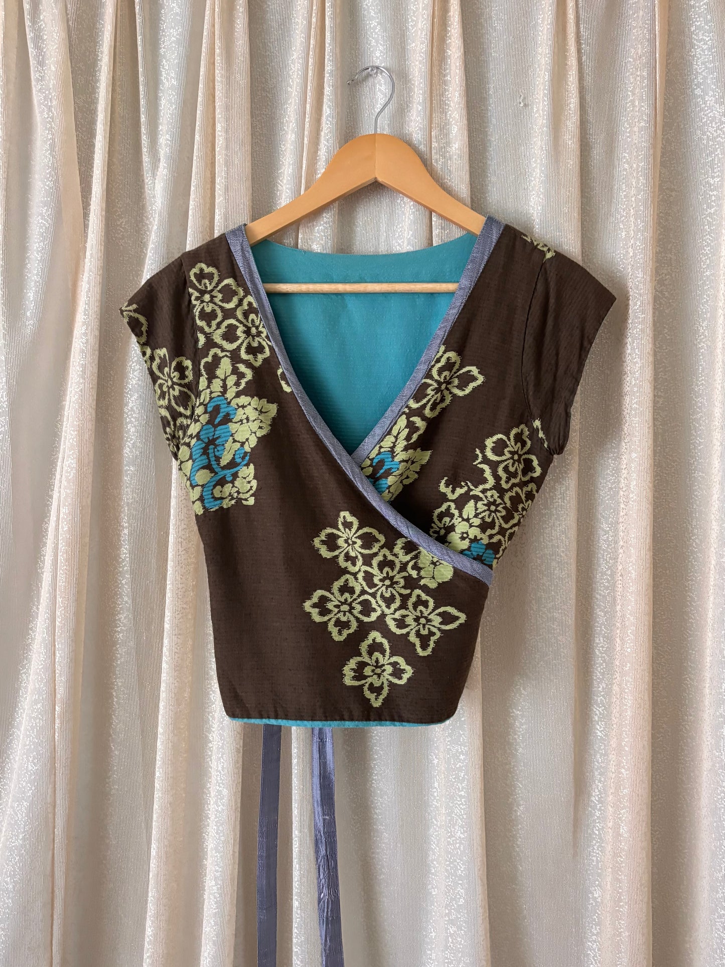 Reversible teal and brown floral wrap shirt