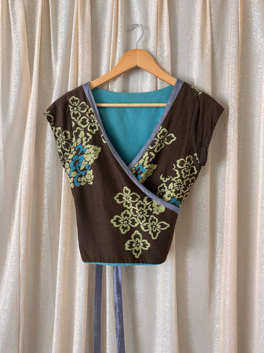 Reversible teal and brown floral wrap shirt