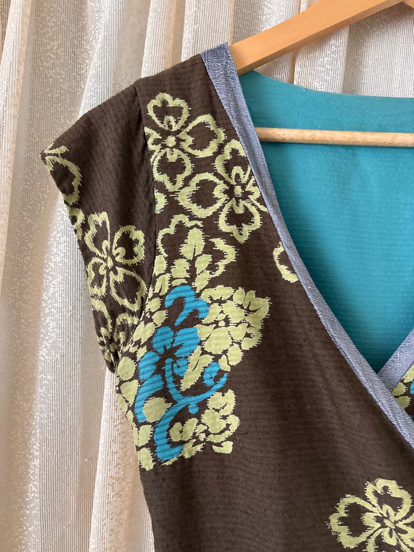Reversible teal and brown floral wrap shirt