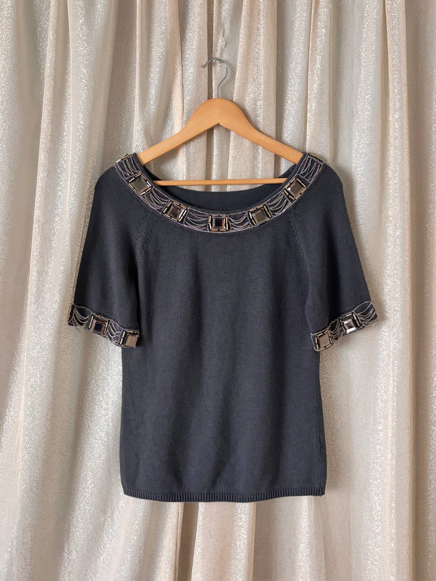 Grey chain embellished knit top