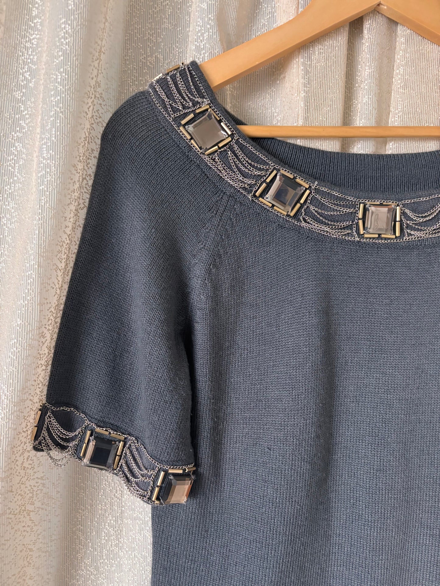 Grey chain embellished knit top