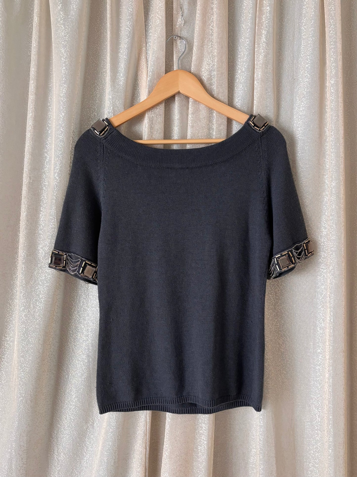 Grey chain embellished knit top