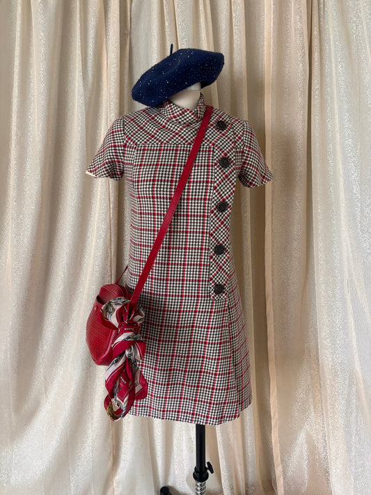 60s houndstooth button mini dress