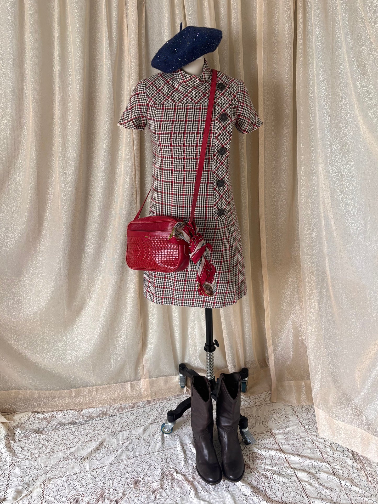60s houndstooth button mini dress